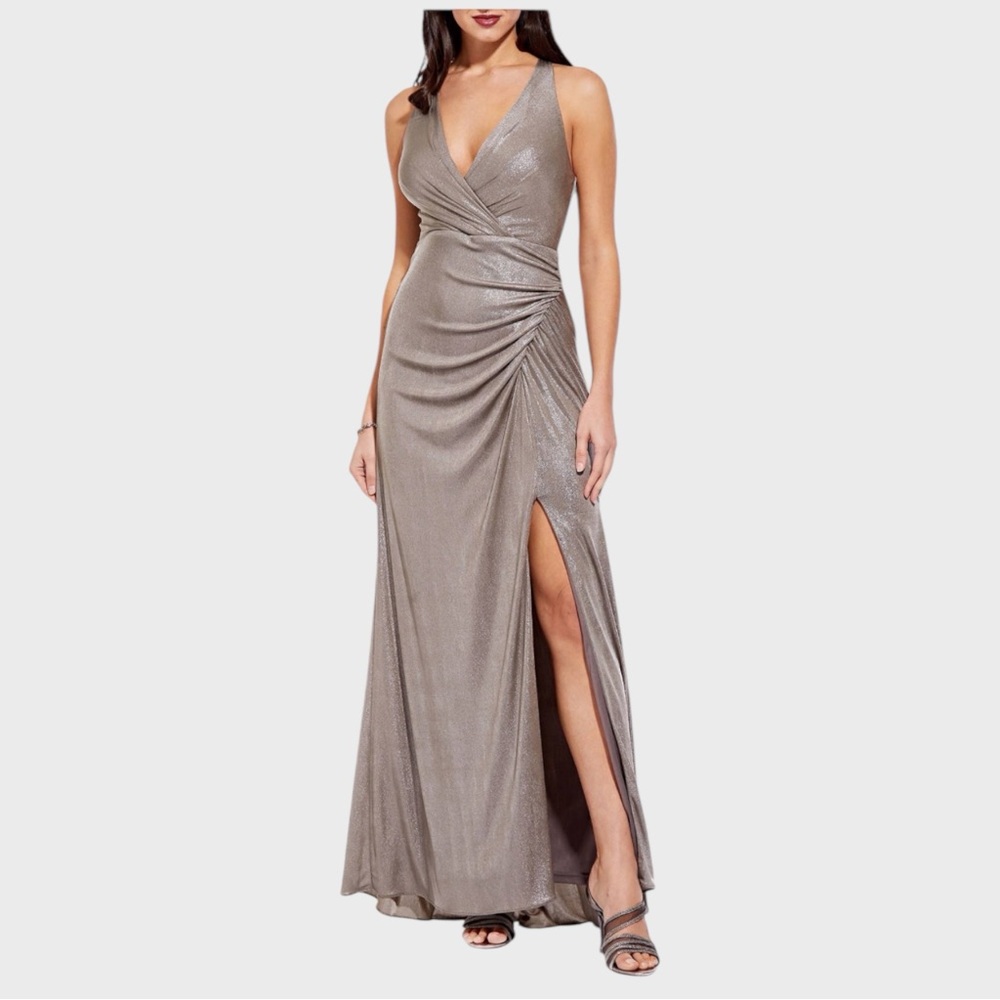 Adrianna Papell Women’s Sleeveless V-Neckline Long Metallic Jersey Dress 12 NWT